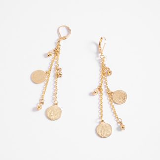 Aretes largos en baño de oro con charms de monedas 8.5 cm