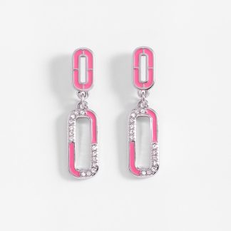Aretes en baño de rodio diseño eslabón esmalte rosa
